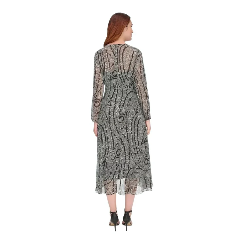 Tommy Hilfiger Black Floral Chiffon Long-Sleeve Fit‎ & Flare Dress 6